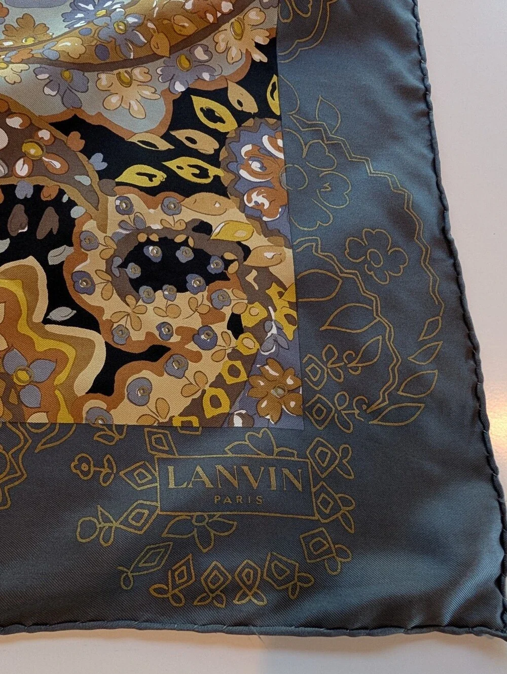 Lanvin Paris Silk Square Scarf Vintage Grey Gold Ochre
